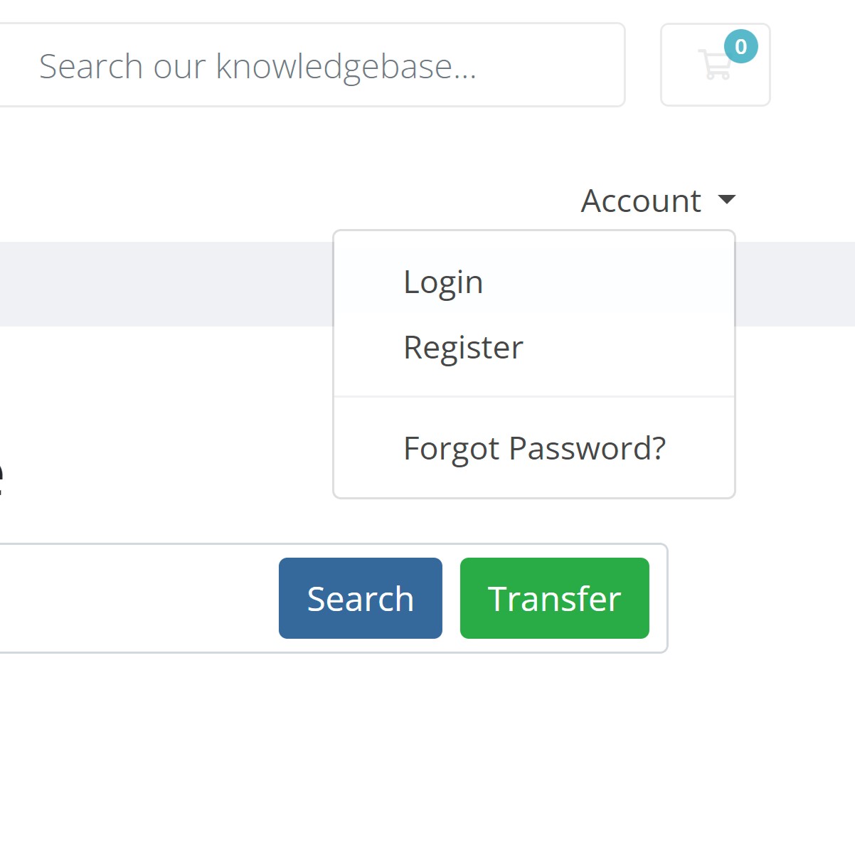 screenshot of account menu links