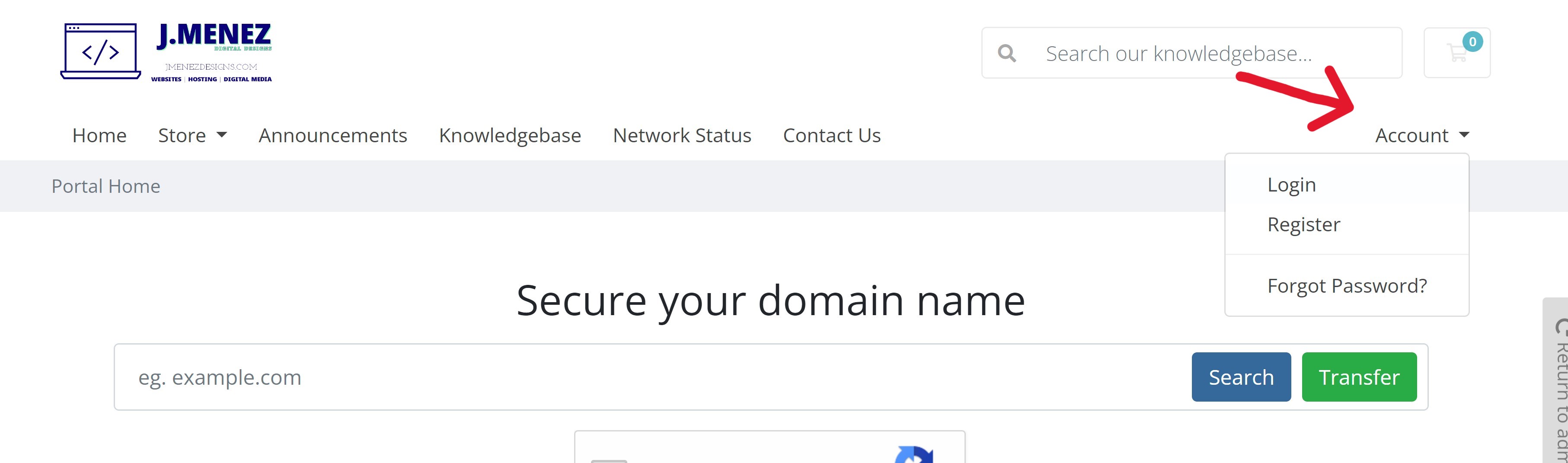 screenshot of account menu nav links login and register